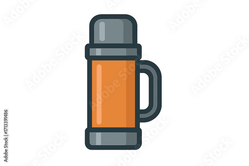 Thermos bottle icon for hot drinks. Vector illustration of a travel mug or vacuum flask for camping and hiking. Flat style cartoon design element, isolated and reusable.