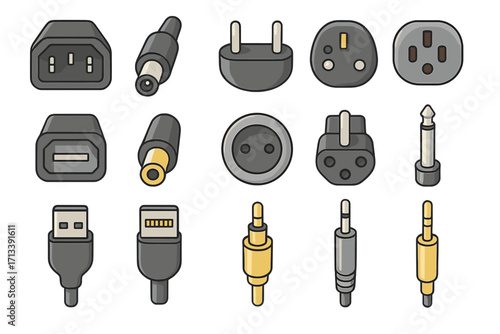 Electrical connectors vector icon set. Collection of various plugs, sockets, and jacks like USB, audio, and power adapters. Electronics and technology flat cartoon illustration.