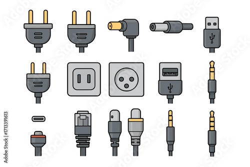 Vector icon set of various electrical connectors and plugs. Collection includes USB, audio jack, power plug, socket, ethernet cable. Electronics and technology concept cartoon.
