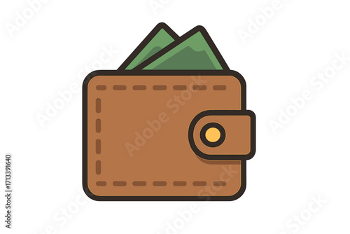 Wallet icon with money. Finance, payment, savings concept. Vector cartoon purse with cash. Wealth, business, financial success symbol. Budgeting, earning, salary, currency.