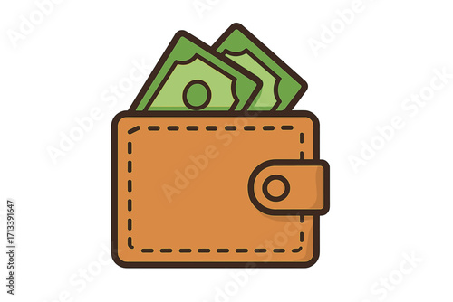 Wallet with money cash icon. Flat cartoon vector illustration. Finance sign for payment, savings, budget. Financial success, wealth, income, salary symbol. Business economy.