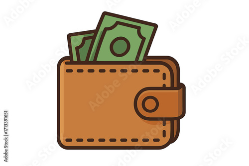 Wallet with money flat icon. Vector cartoon illustration of cash in a purse. Finance symbol for payment, savings, income, investment, and wealth. Business and economy concept.