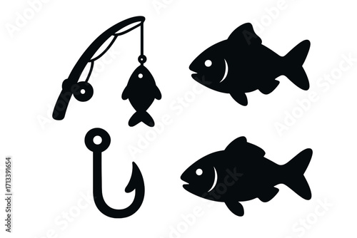 Fishing icon set with fish, rod, bait, and hook silhouettes. Vector graphic collection for angling sport and hobby. Simple flat isolated cartoon illustration of tackle and lure.