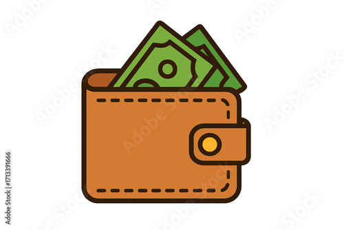 Wallet with money icon. Finance symbol for business. Vector flat cartoon illustration. Concept of payment, savings, investment, wealth, income, salary and earnings.
