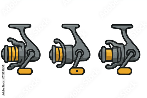 Spinning reel set for fishing. Cartoon vector illustration of fishing tackle and equipment. Angling gear icon or symbol collection. Isolated sport and hobby objects.