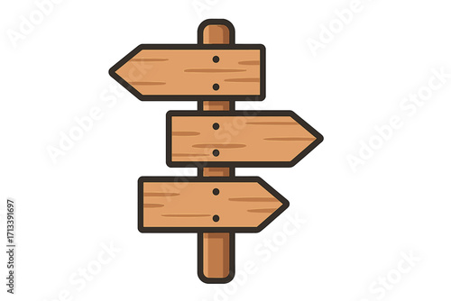 Wooden signpost with arrows. Crossroads direction, choice, guidance concept. Blank wood signs for navigation, travel, information. Vector cartoon illustration isolated.