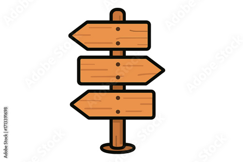 Directional wooden signpost with arrows. Metaphor for choice, decision, and guidance at a crossroads. Cartoon pathfinder vector illustration for navigation, travel, and strategy.