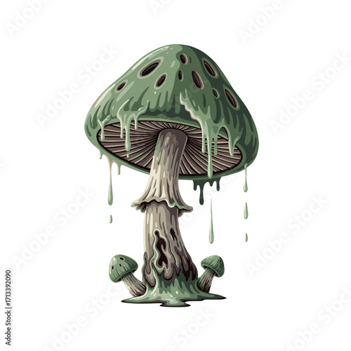 creepy mushroom, green mushroom, spooky mushroom, toxic mushroom, halloween mushroom, scary fungus, melting mushroom, dripping mushroom, poisonous mushroom, horror mushroom, fantasy mushroom, haunted 