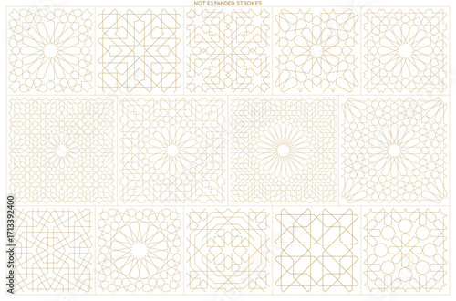 Set of 14 seamless geometric square base patterns in authentic arabian style.