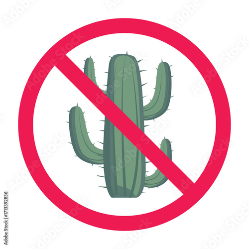 No cactus sign, forbidden cactus plant sign, no desert plant allowed sign, prickly thorn plant prohibited symbol, flat vector illustration