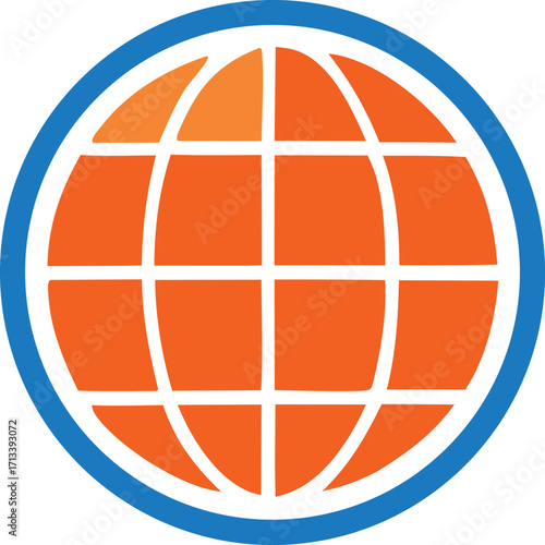 Modern globe icon featuring orange continents and blue meridian lines for global connectivity and internet symbol