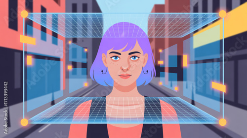 Woman augmented reality interface ar vr futuristic technology digital city simulation virtual world concept