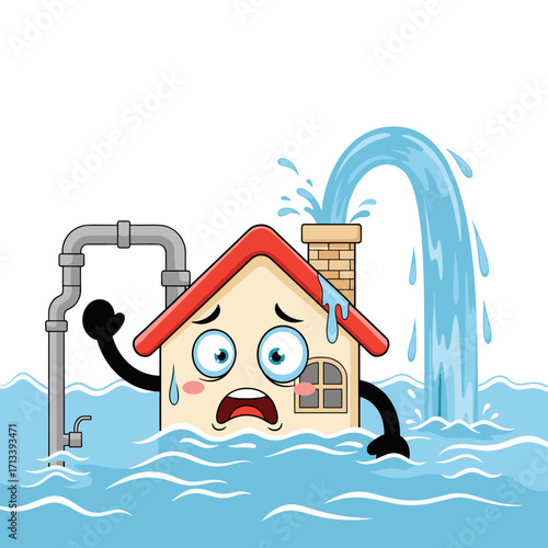 Cartoon House Character Flooded and in Distress with Water Damage.