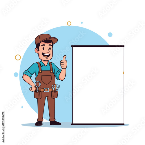 Happy handyman giving thumbs up next to blank sign.
