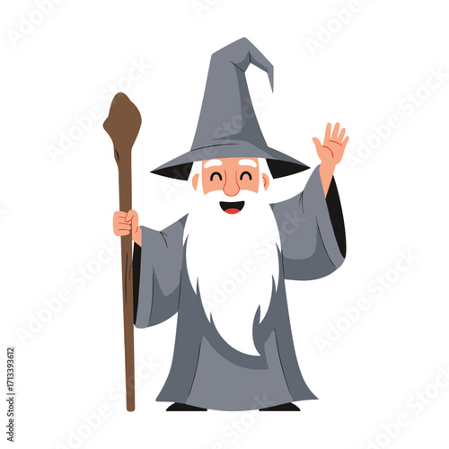 Friendly cartoon wizard with a long white beard holding a staff.
