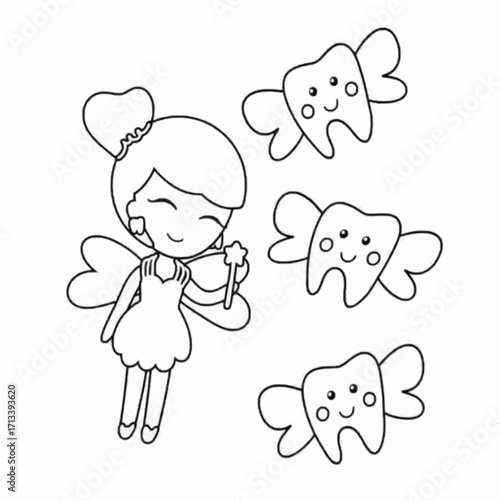 Adorable tooth fairy with flying teeth, perfect for dental health education and children's books