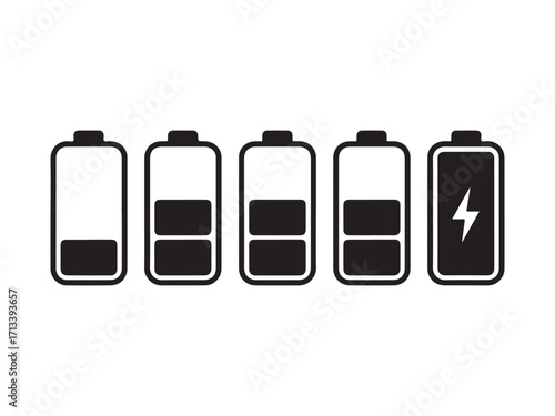 Five battery level indicators silhouette vector isolated on white background