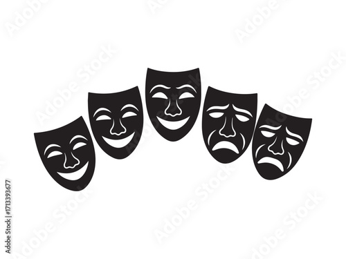 Five theater masks showing happiness and sadness silhouette vector isolated on white background