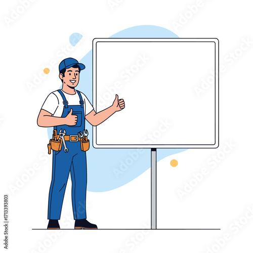 Skilled worker in blue overalls giving thumbs up next to blank board.