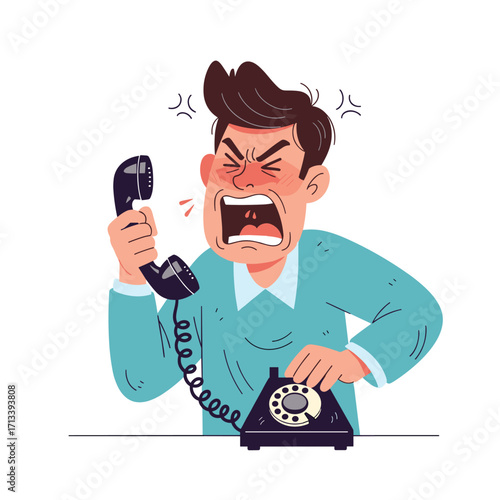 Angry Man Yelling on Old Rotary Phone Frustrated Customer Service Call.