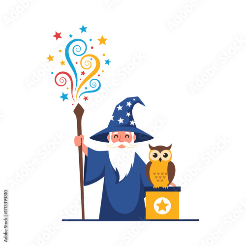 Wizard with Owl and Magic Wand.