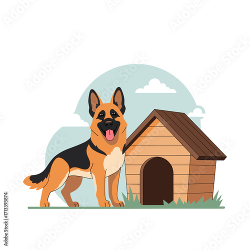 German Shepherd Dog Standing Next to a Wooden Dog House Outdoors.