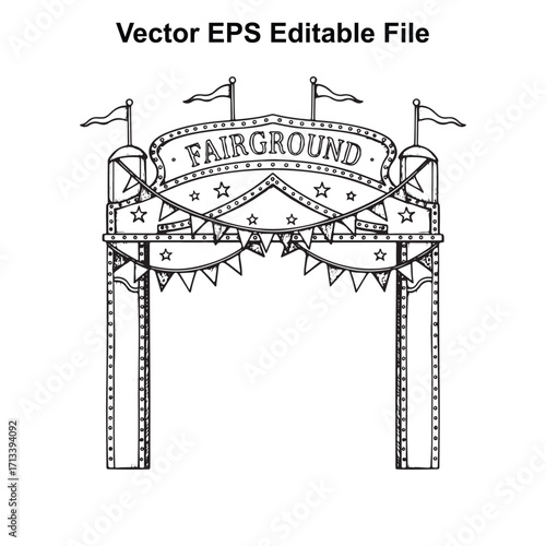 Vector art of fairground entrance archway with flags and stars