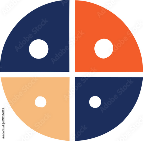 Modern abstract four segment circle with central dots and textured panels geometric design for digital and print applications