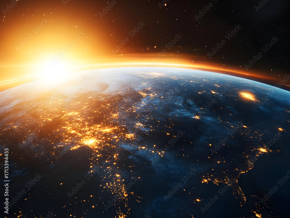 Obraz premium A stunning view of Earth from space, showcasing vibrant lights of cities and the rise of the sun on the horizon.