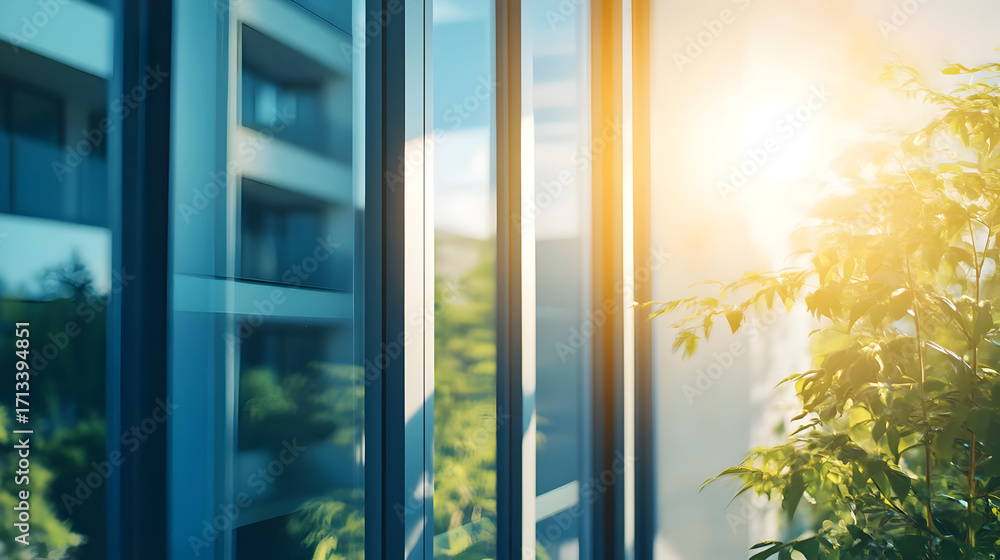 Fototapeta premium Bright sunlight shines through glass windows, illuminating lush green plants, creating a serene indoor environment.