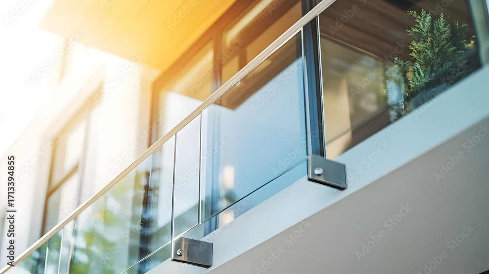 Obraz premium A modern balcony with glass railing and sunlight pouring in, showcasing contemporary design elements and serene indoor plants.