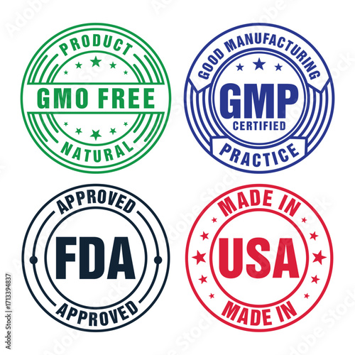 product badges, made in USA, GMO free, Good manufacturing practice, approved design vector on transparent background