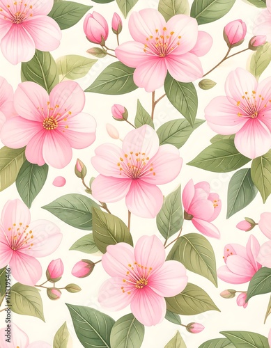 Wallpaper Mural Delicate, pastel pink cherry blossoms in a seamless pattern Torontodigital.ca