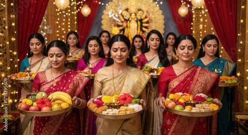 Group of indian women in traditional sarees offering prayers and fruits during a religious festival