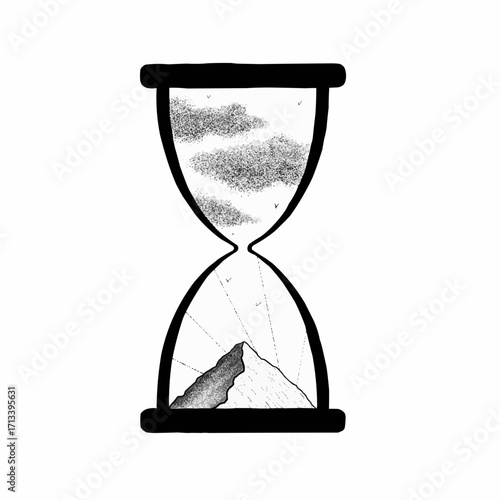 Concept of time with mountain and clouds inside hourglass, nature and time passing art