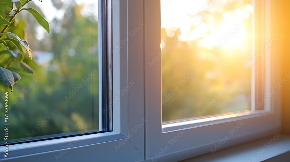 Fototapeta premium A serene view through a window at sunrise, with soft sunlight illuminating the scene, creating a warm and inviting atmosphere.