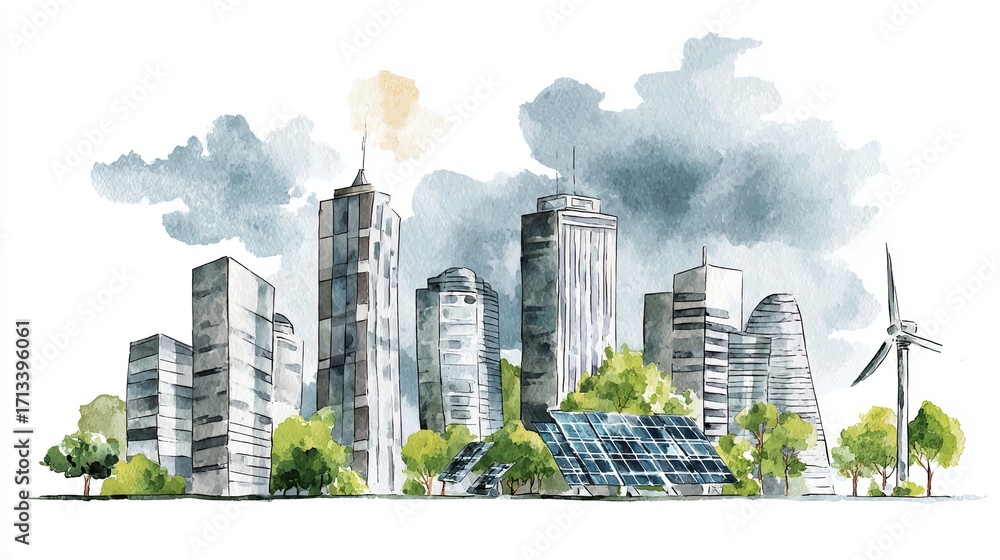Fototapeta premium A watercolor illustration of a modern city skyline featuring skyscrapers, green spaces, and a wind turbine, emphasizing sustainability and urban design.