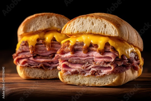 Two sandwiches filled with layers of ham and melted cheddar cheese sit on a wooden surface against a dark background