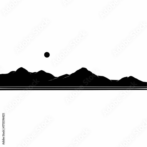 Stunning mountain range silhouette with moon, perfect for logo or design element, minimalist look