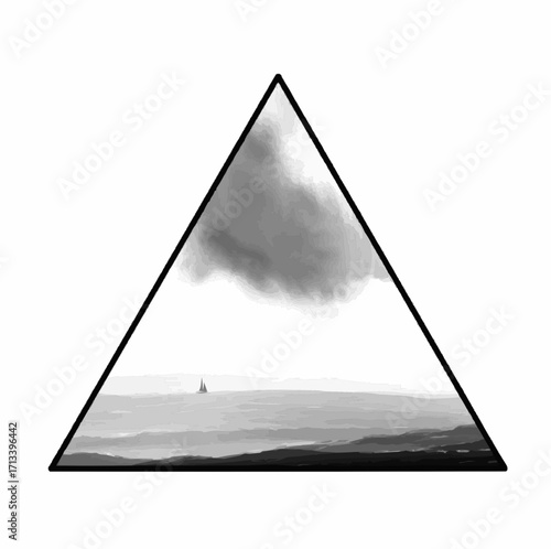 Serene sailboat journey on calm ocean waters framed by a modern triangular design element