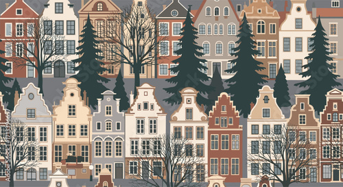 Charming row of historic dutch houses with bare trees in winter.