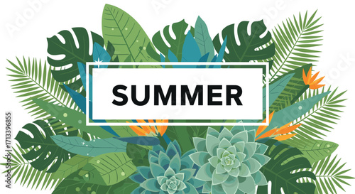 Vibrant tropical foliage and exotic flowers adorn a refreshing summer celebration.