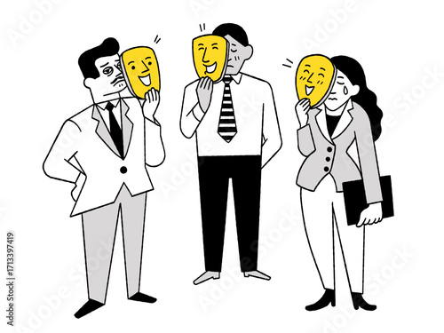 Vector character of businesspeople holding mask pretending to be happy to each other instead being sad, unhappy, or obsess. Outline, thin line art, hand drawn sketch, design, simple style.