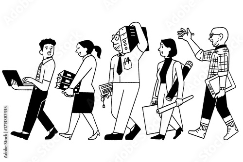 Vector character of young creative teamwork walking together in the same direction, smiling and happy. 