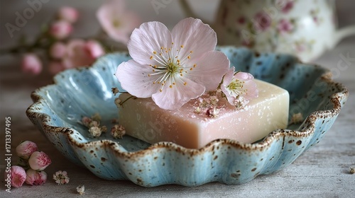 Pastel Pink and Blue Ceramic Dish with Handmade Soap and Petals. Elegant and Artisanal Bath Essentials.