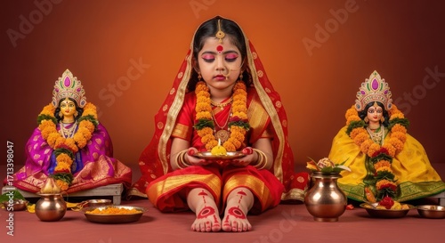 Young indian girl dressed as goddess durga, seated between two idols during a religious ceremony