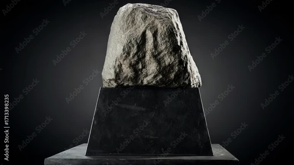 Abstract sculpture of rock atop a geometric pedestal