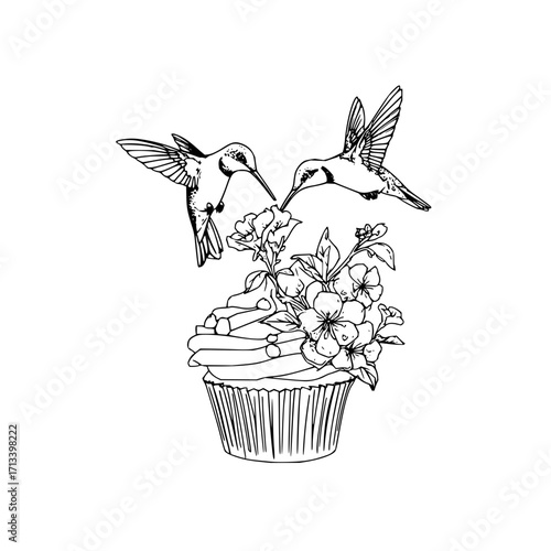 Two hummingbirds hovering near a cupcake adorned with flowers in a detailed line drawing style image