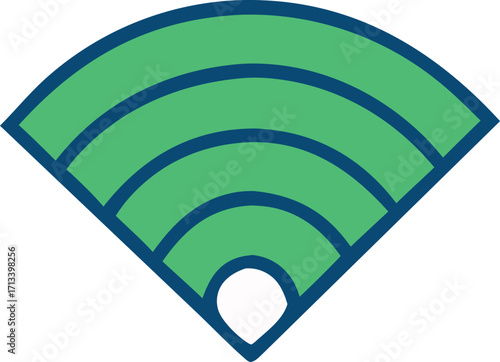 Green wi-fi signal icon graphic with blue outline symbolizing wireless internet connectivity and network access