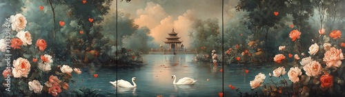 Traditional Indian style triple arch garden tapestry mural with swans, peacocks, lotus pond, blooming flowers and lush greenery, for wall decor or background.